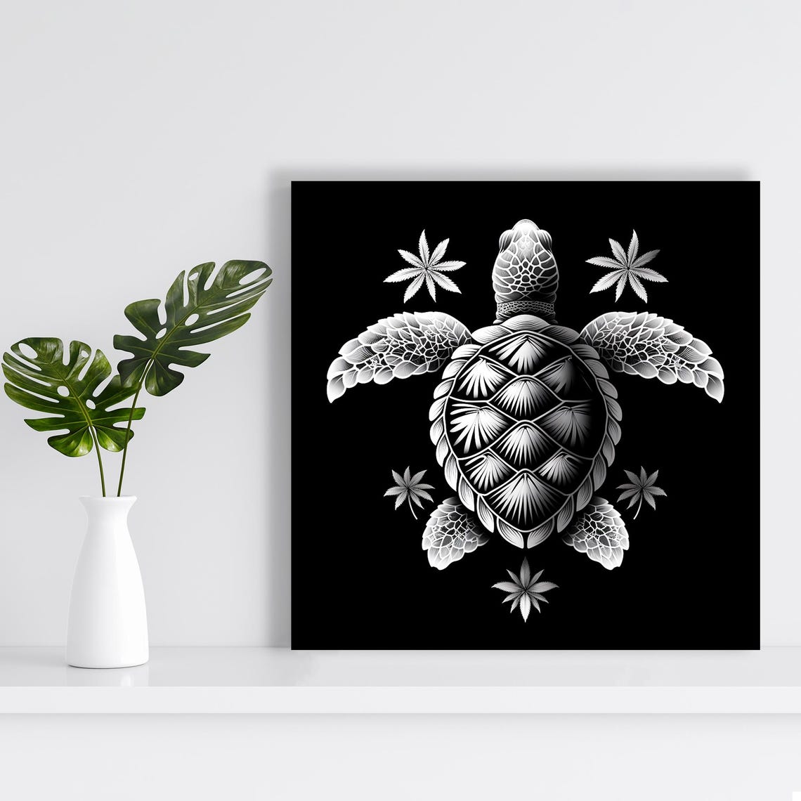 Sea Turtle Mandala Style White Line Art On Black Background Poster - Image 2