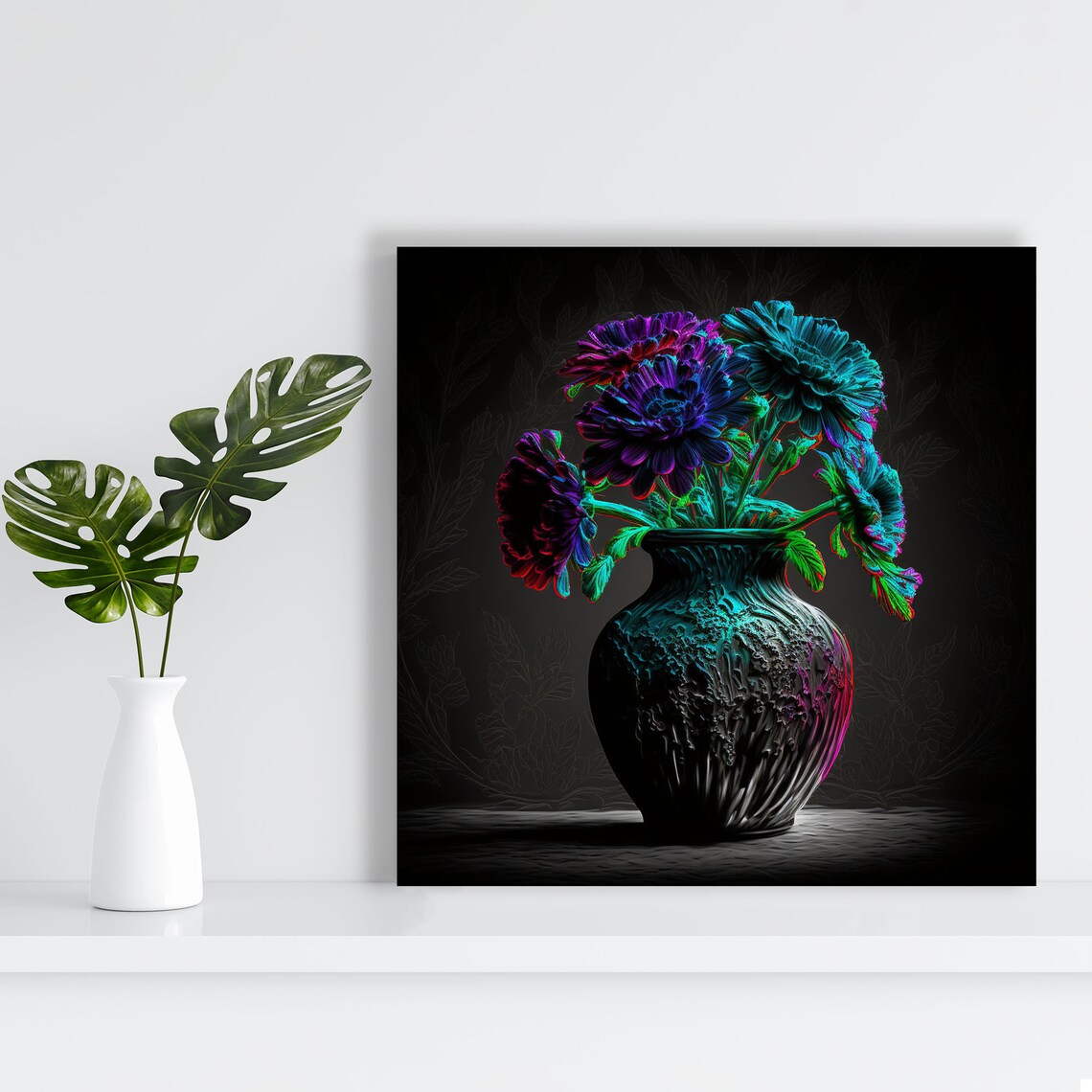 Teal Black Dahlia Flowers In Dark Vase Neon Moody Still Life Poster - Image 4