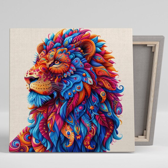 Kaleidoscopic Lion Majesty Vibrant Feather Mandala Profile Wall Art Poster