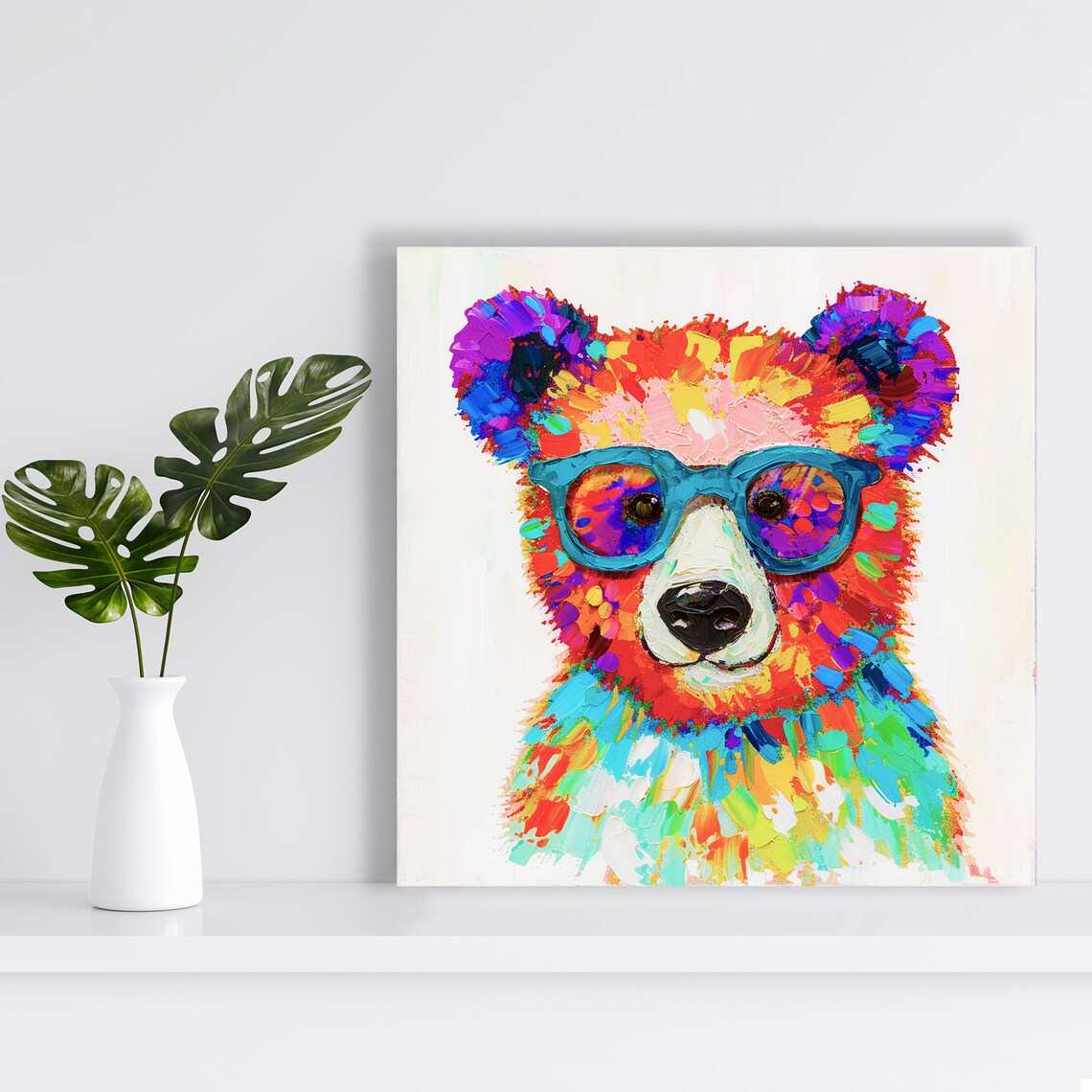 Rainbow Painted Bear Face With Teal Glasses Colorful Whimsical Animal Poster - Image 2