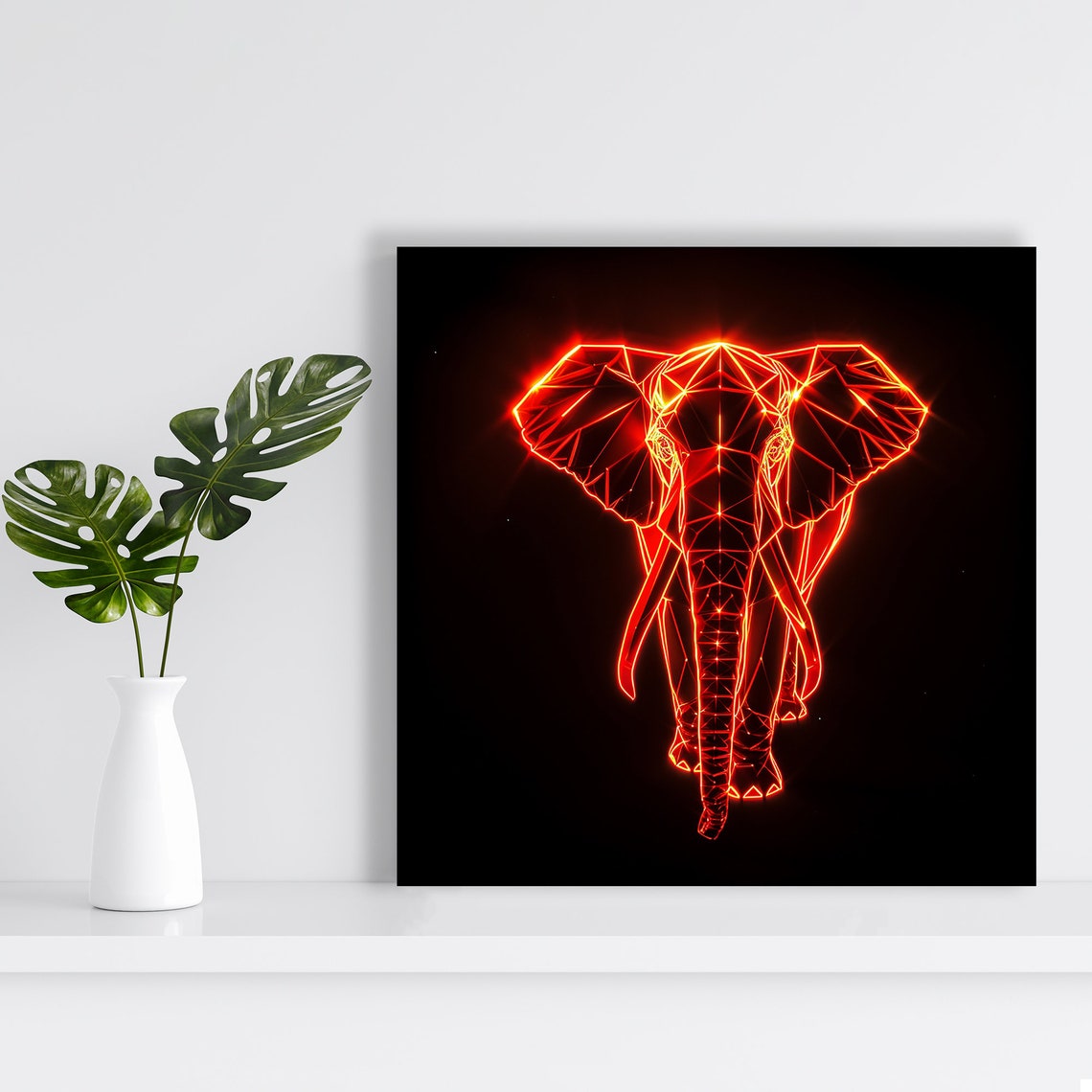 Neon Elephant Geometry Red Wireframe Low Poly Black Background Poster - Image 2