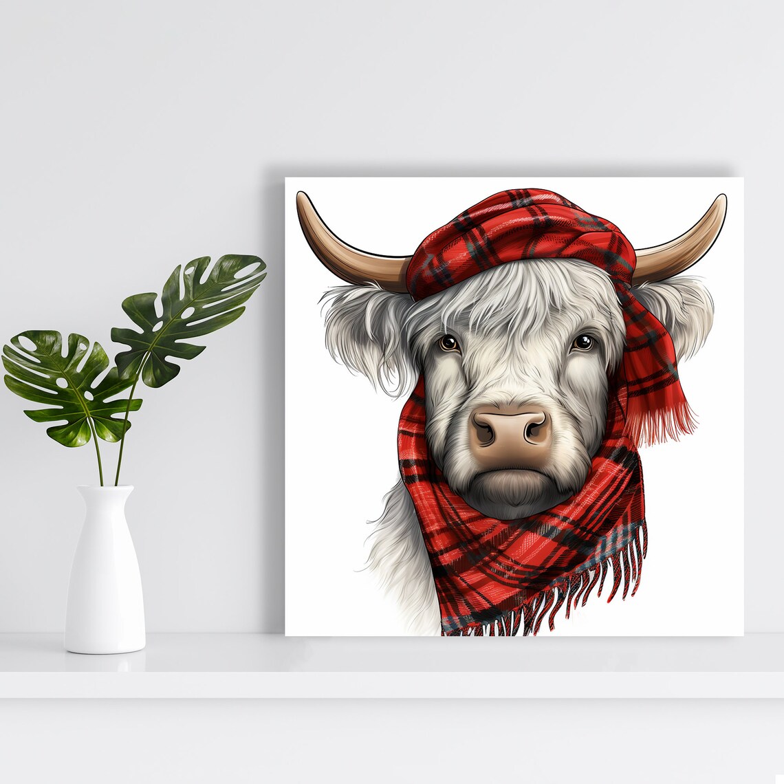 Highland Cow Red Tartan Scarf Charming Farmhouse Wall Art Poster - Image 2