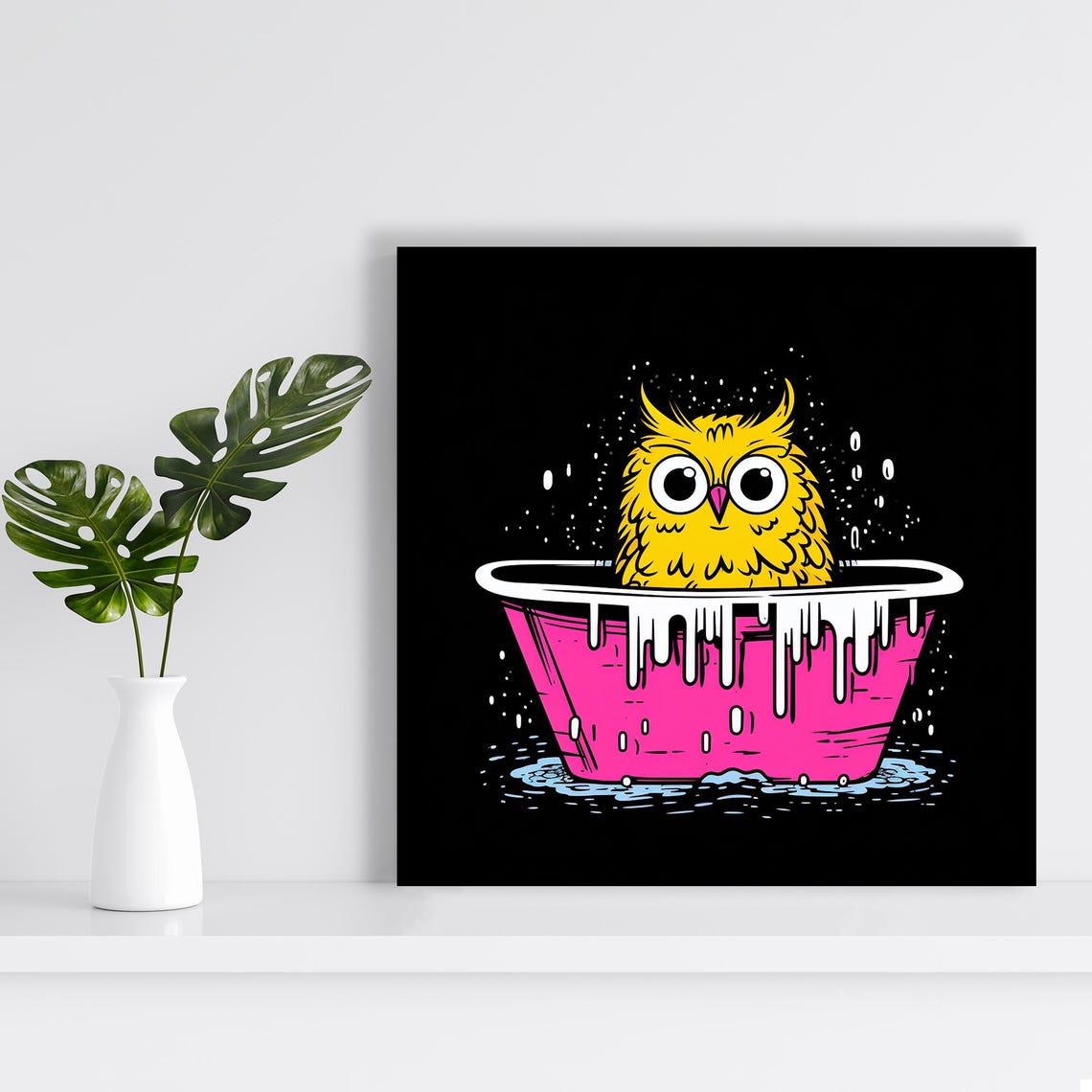 Cute Yellow Owl Bath Time Whimsical Pop Art Bathroom Wall Poster - Image 2