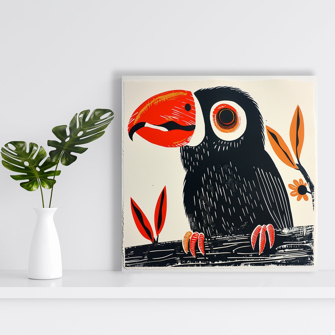 Retro Toucan With Red Beak Woodcut Style Black Orange Bird Poster - Image 2