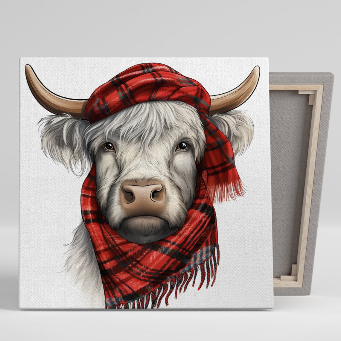 Highland Cow Red Tartan Scarf Charming Farmhouse Wall Art Poster