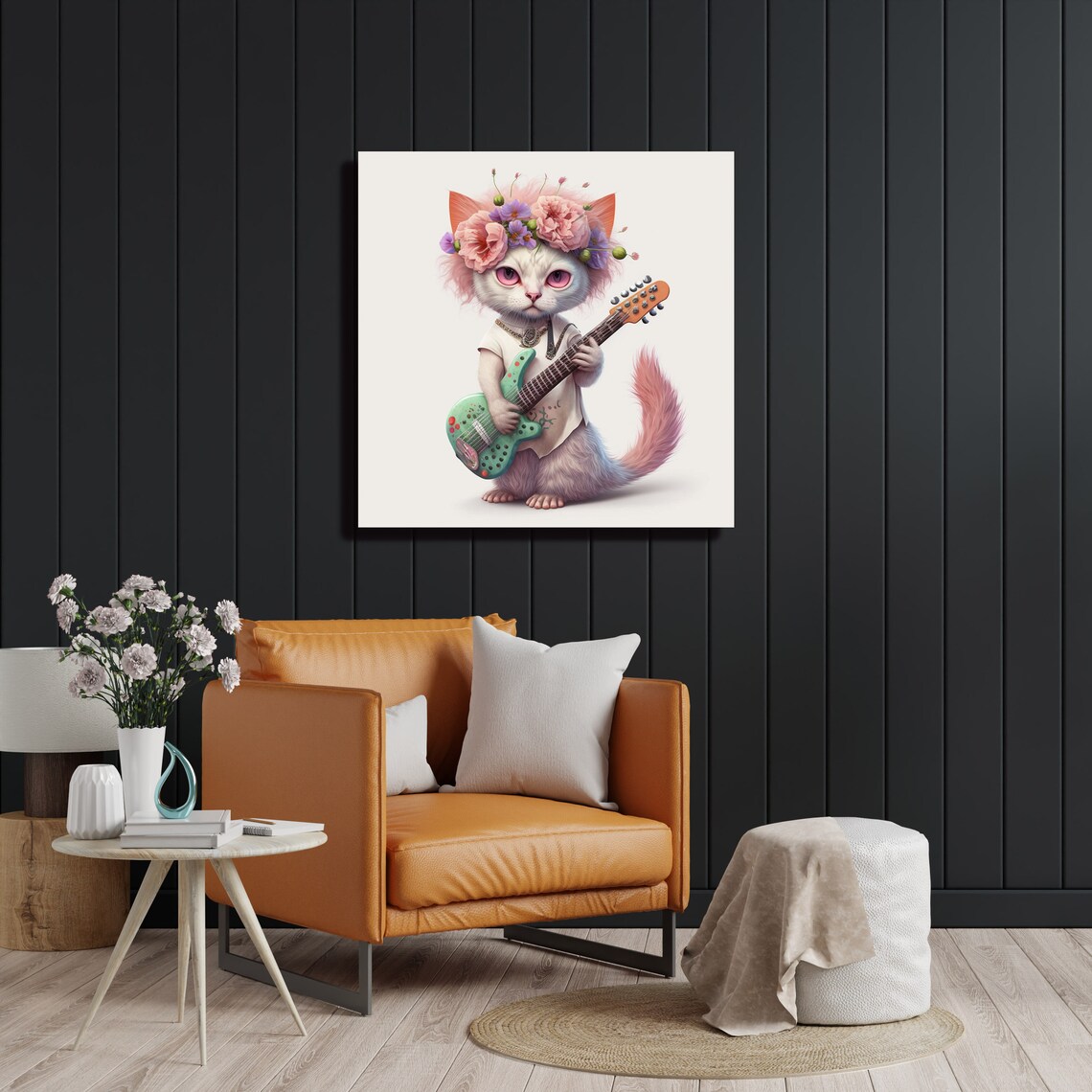 Cute Cat Flower Crown Green Electric Guitar Playful Animal Poster - Image 2
