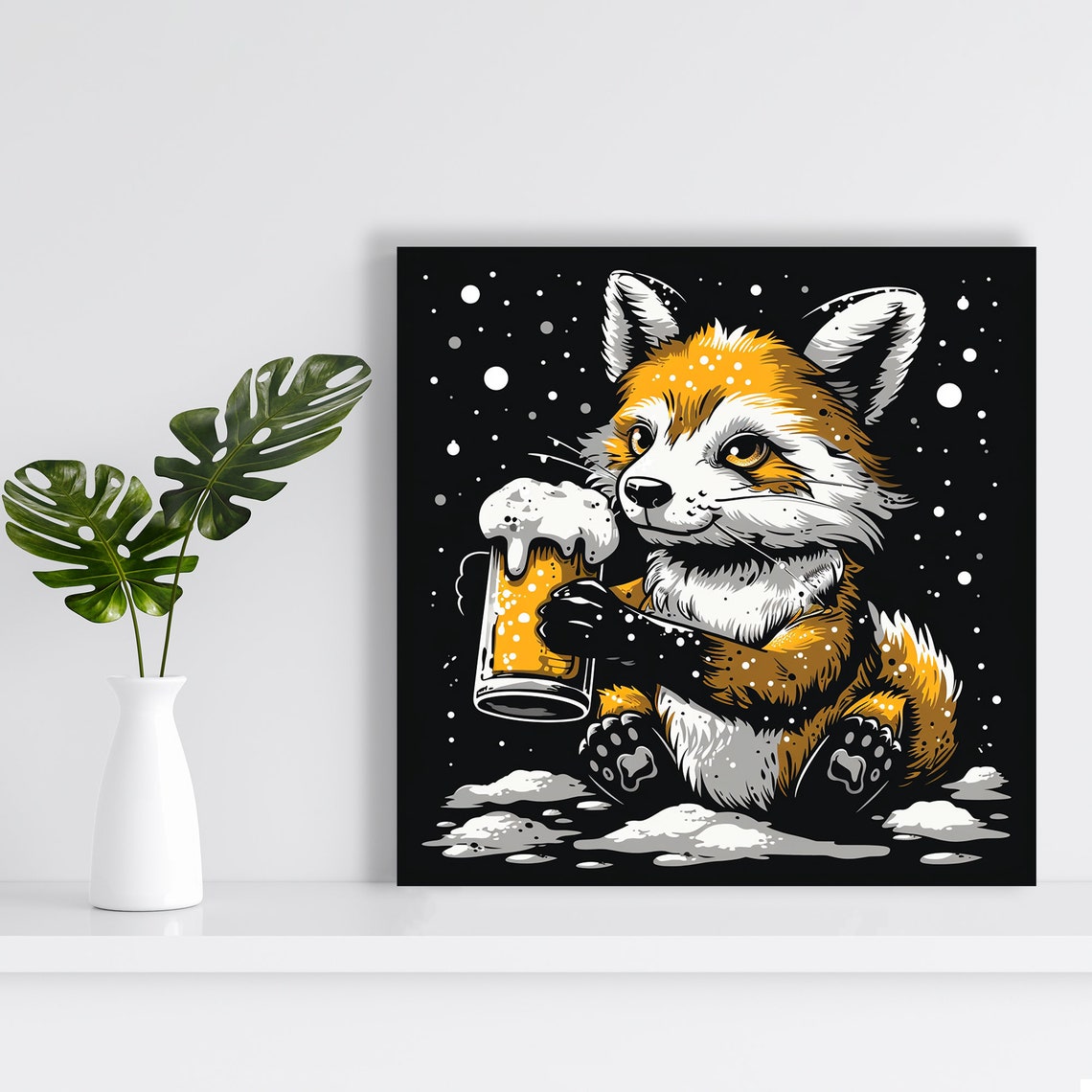 Fox Holding Beer Mug Snowy Night Black Cheerful Party Bar Art Poster - Image 2