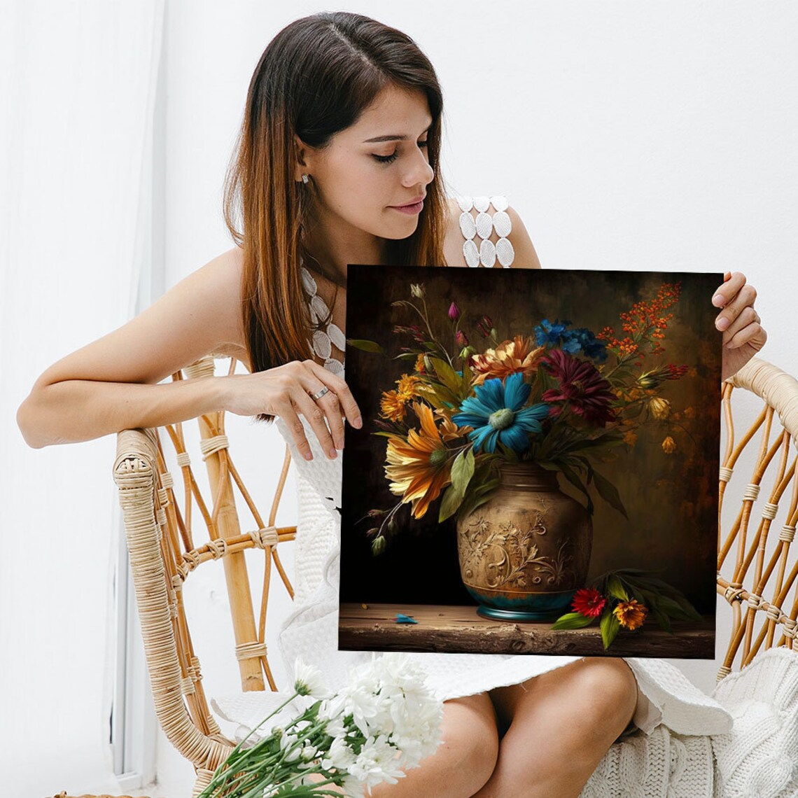 Blue Daisy Autumn Bouquet Carved Stoneware Jug Moody Floral Wall Art - Image 3