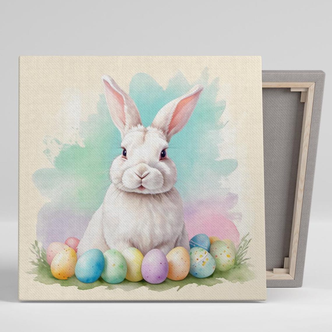 Easter Bunny With Colorful Eggs Pastel Watercolor Spring Poster