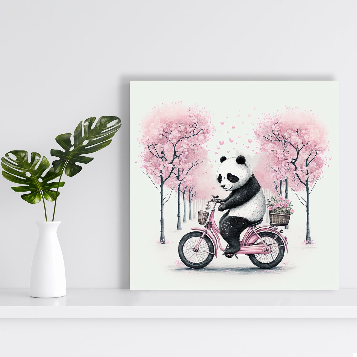 Cute Panda Pink Bicycle Cherry Blossom Ride Whimsical Nursery Poster - Image 2
