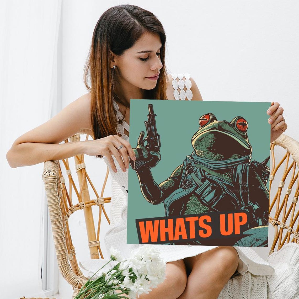 Armed Frog Whats Up Pop Art Comic Style Attitude Green Wall Poster - Image 3
