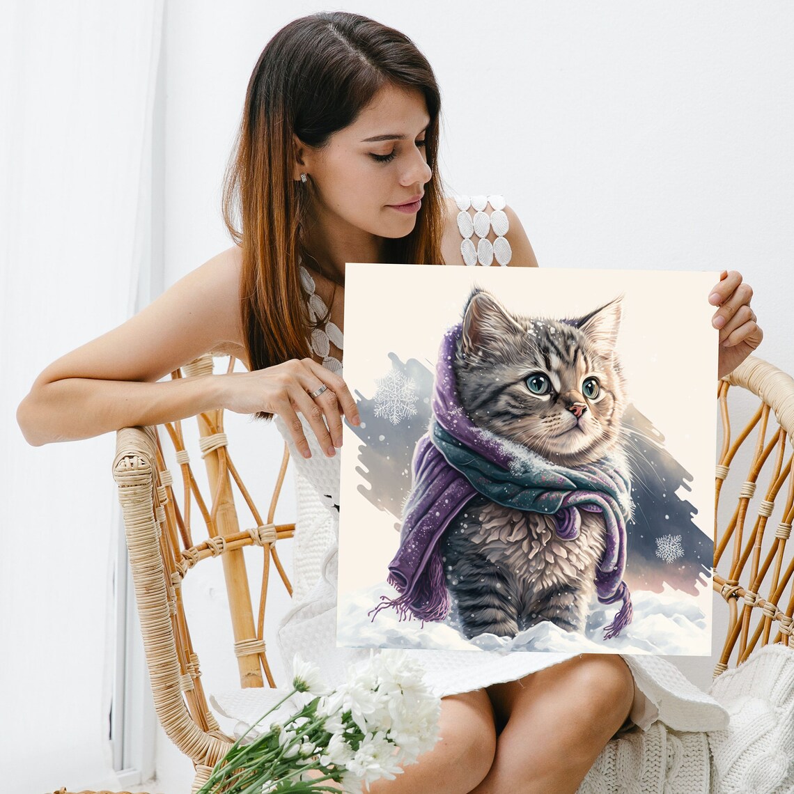 Watercolor Tabby Kitten In Snow With Purple Scarf Cute Winter Art Poster - Image 3