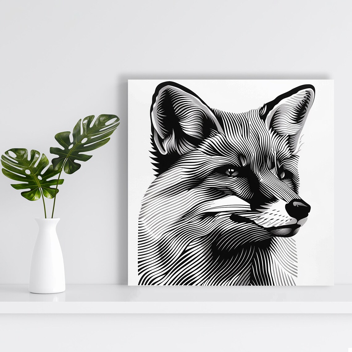 Fox Face Line Art Engraving Black White Minimalist Animal Portrait Print - Image 2
