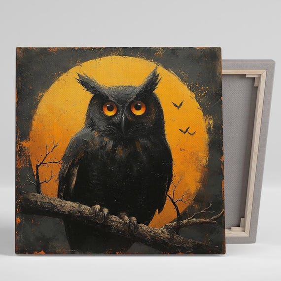 Owl Sentinel Wall Art Or Poster Whimsical Gothic Rustic Decor Living Room Bedroom Home Office Wall Art Black Orange Yellow Grey