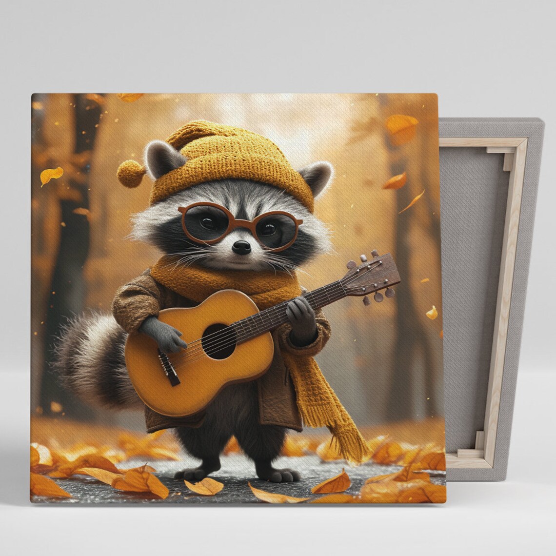 Guitar Raccoon Yellow Knit Hat Autumn Leaves Cute Musician Wall Art