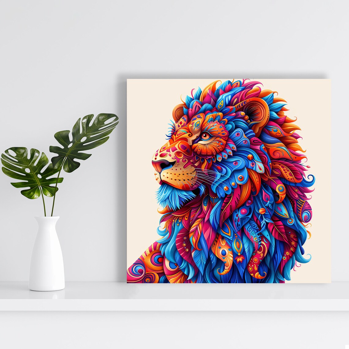 Kaleidoscopic Lion Majesty Vibrant Feather Mandala Profile Wall Art Poster - Image 2