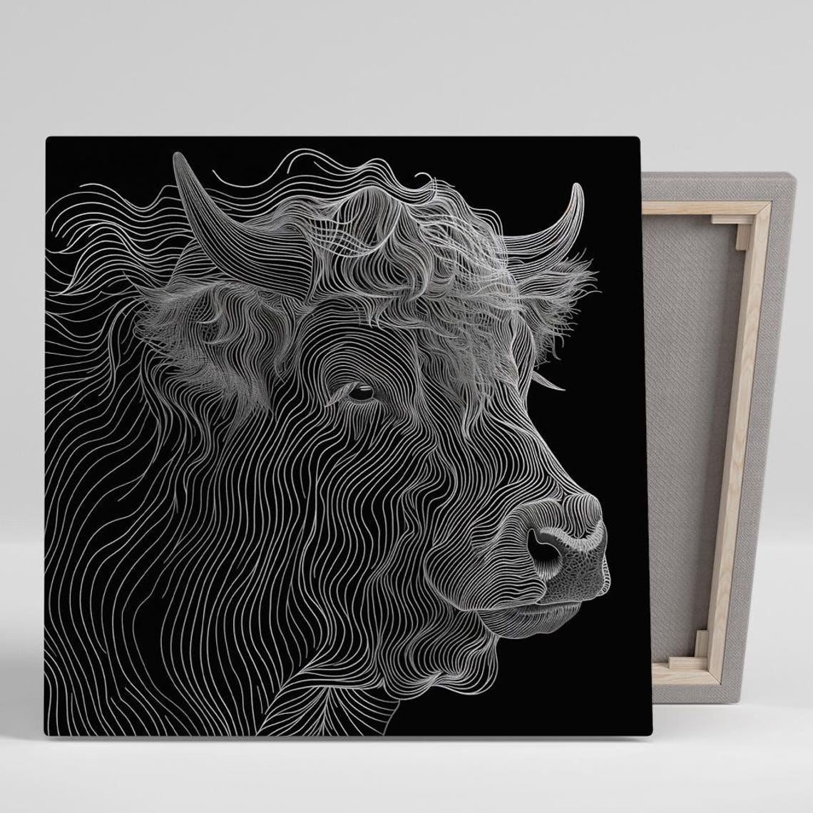 Highland Cow Flowing White Line Art Portrait Black Background Poster