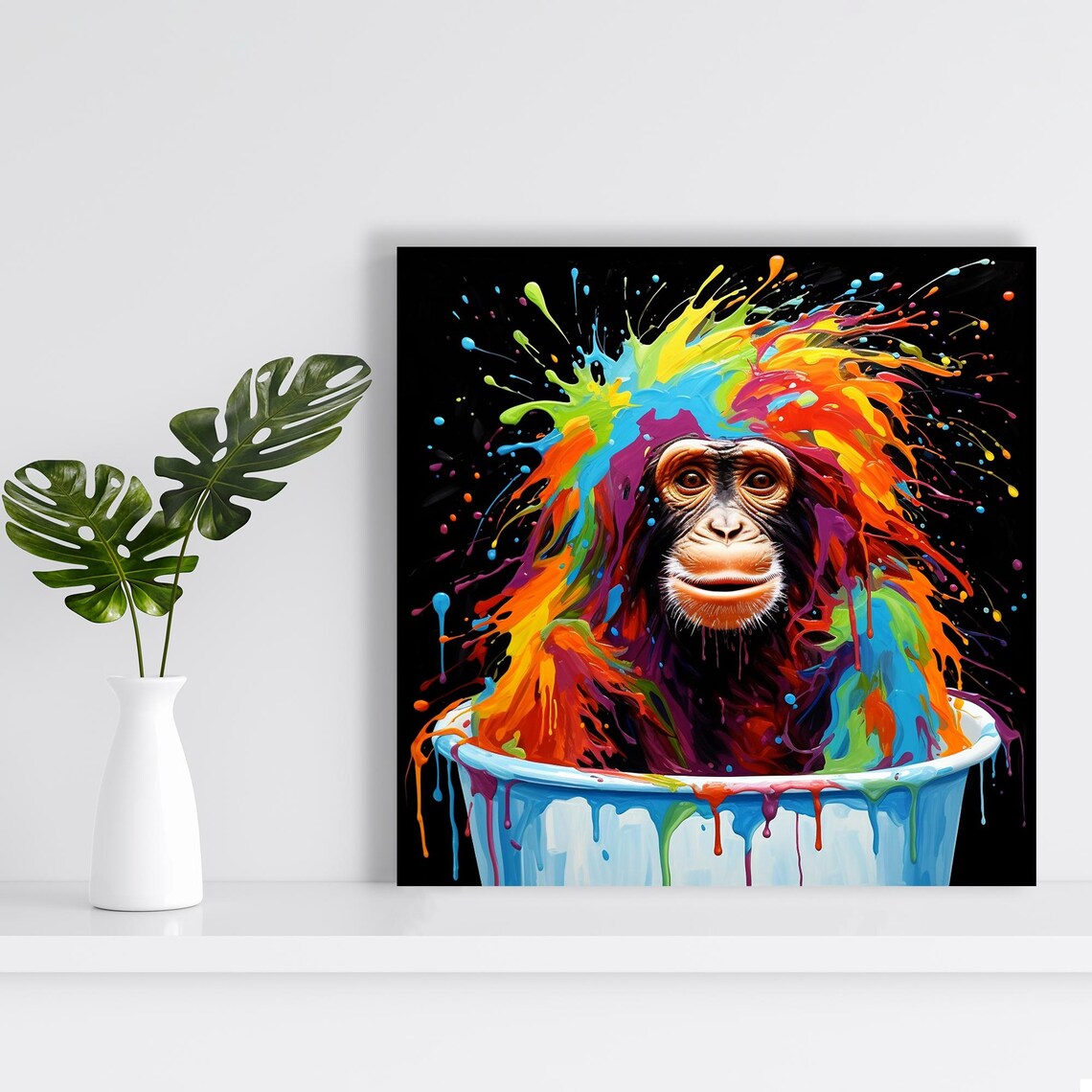 Chimpanzee Covered In Colorful Paint Splashes Bath Tub Art Poster - Image 2