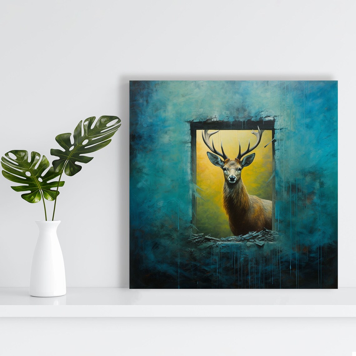 Majestic Stag With Antlers In Golden Doorway Teal Wildlife Poster - Image 2