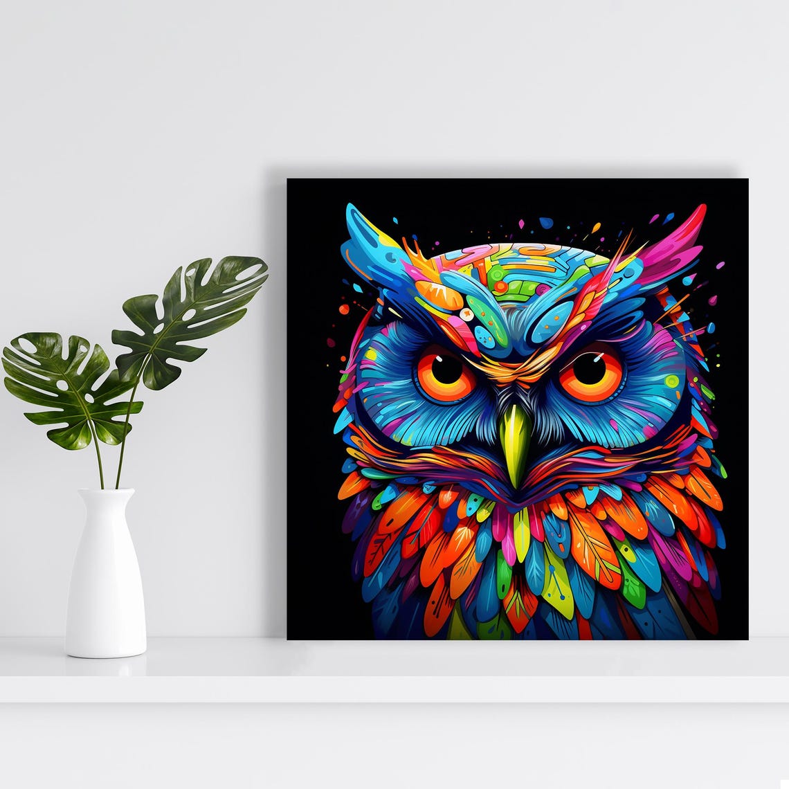 Psychedelic Owl Portrait Neon Color Explosion On Black Poster - Image 2