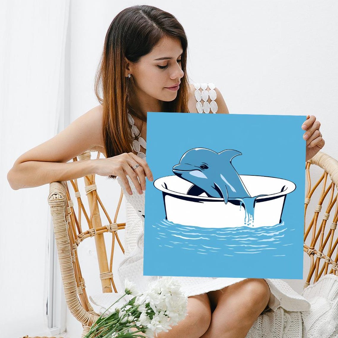 Blue Dolphin Splashing In White Bathtub Cute Whimsical Poster - Image 3