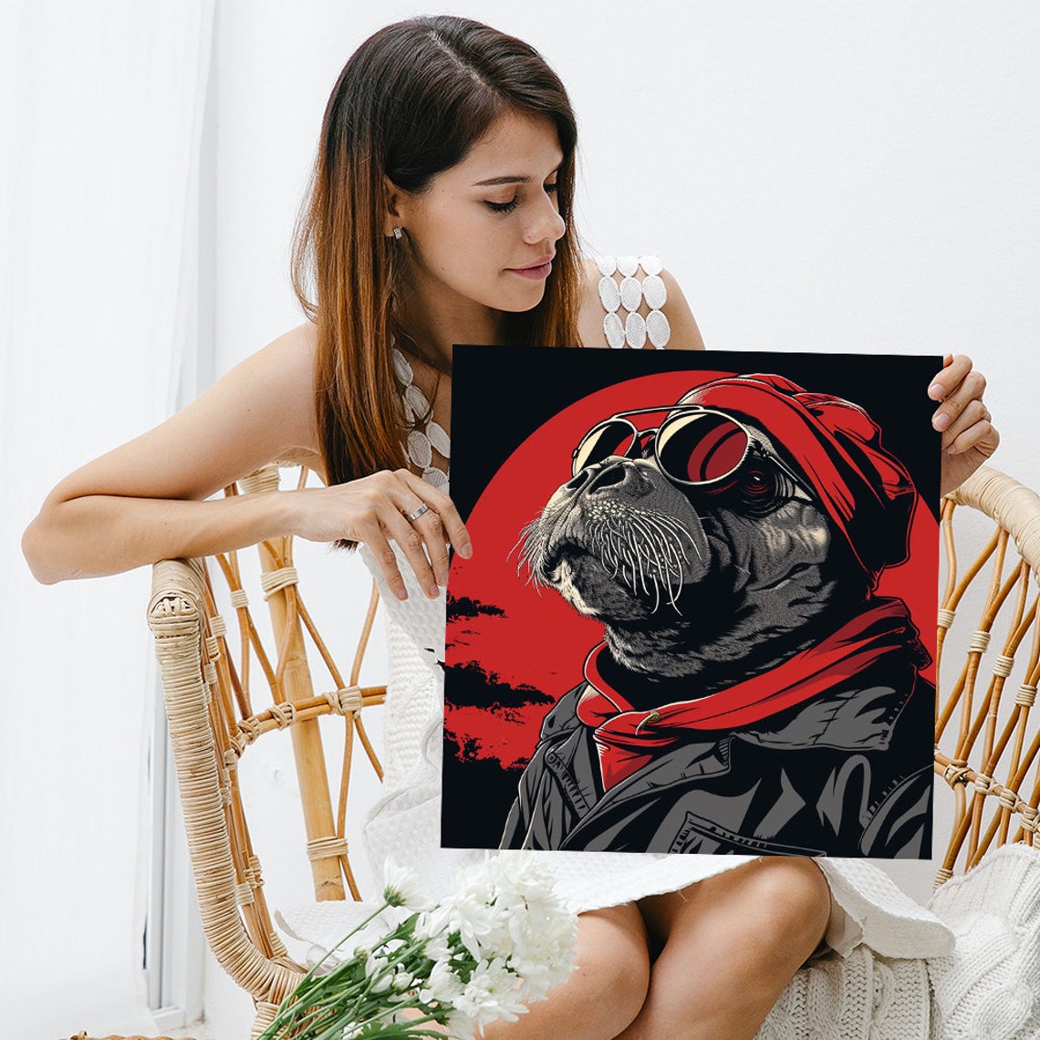 Aviator Walrus With Goggles Retro Red Sun Cool Masculine Wall Poster - Image 3