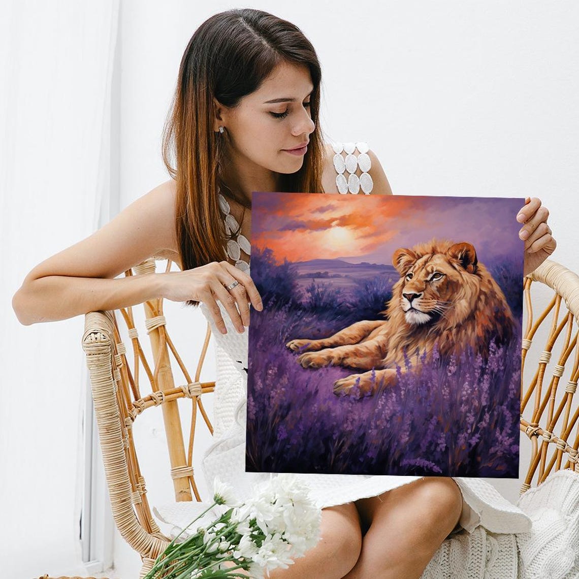 Regal Lion Resting In Lavender Field Purple Sunset Glow Nature Poster - Image 3
