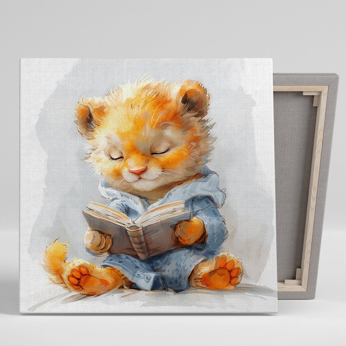 Cozy Kitten Reading Book Pajamas Soft Watercolor Nursery Wall Poster