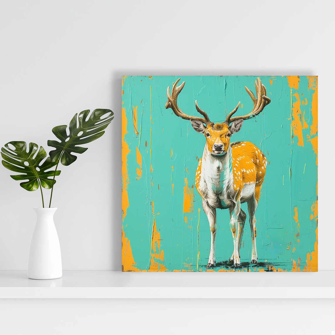 Vibrant Stag With Grand Antlers Turquoise Orange Wildlife Poster - Image 2