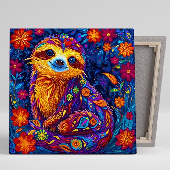 Psychedelic Sloth With Colorful Flowers Vibrant Blue Floral Fantasy Poster