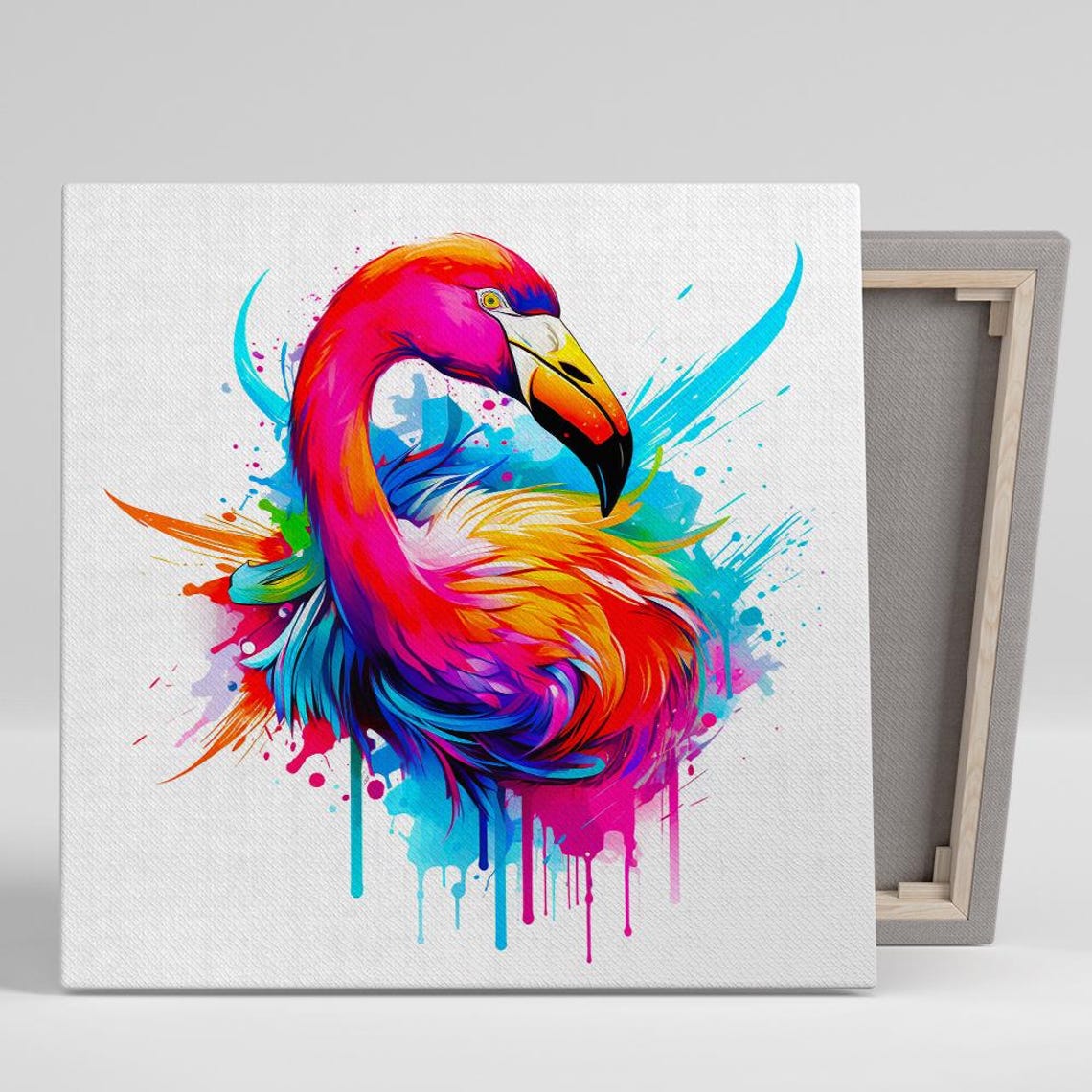 Vibrant Flamingo Watercolor Splash Art Poster Colorful Bird Wall Decor