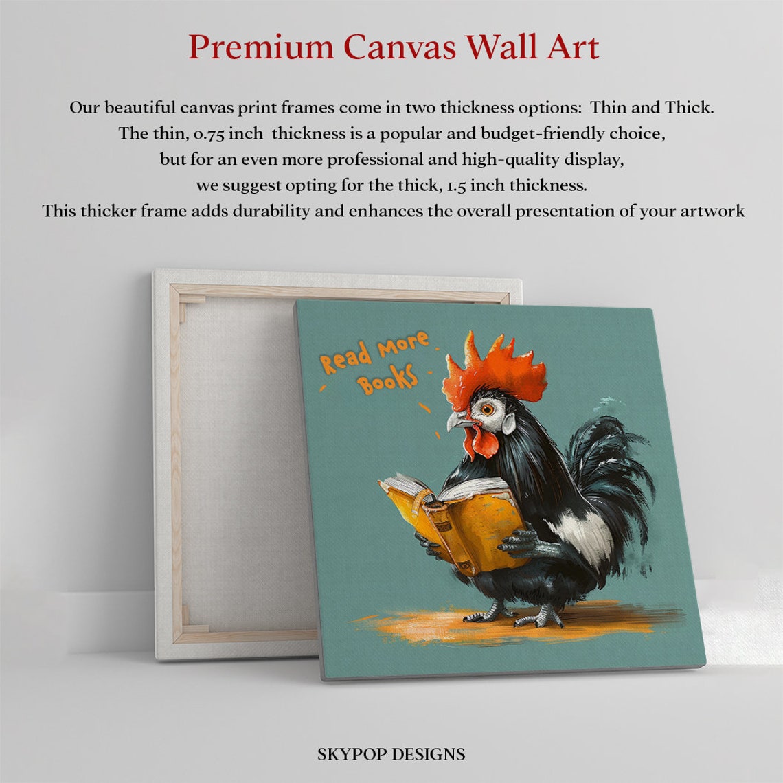 Rooster Reading Book Read More Books Quote Teal Whimsical Poster - Image 3