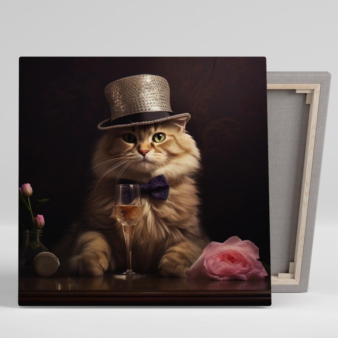 Glamorous Cat in Top Hat Bow Tie Champagne Vintage Chic Cat Wall Poster