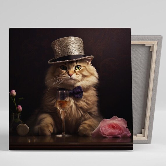 Glamorous Cat in Top Hat Bow Tie Champagne Vintage Chic Cat Wall Poster