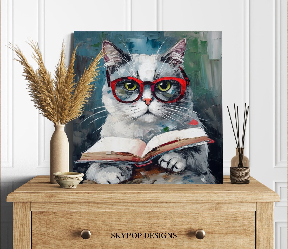 Cat With Red Glasses Reading Book Funny Scholar Cat Portrait Wall Poster - Image 2