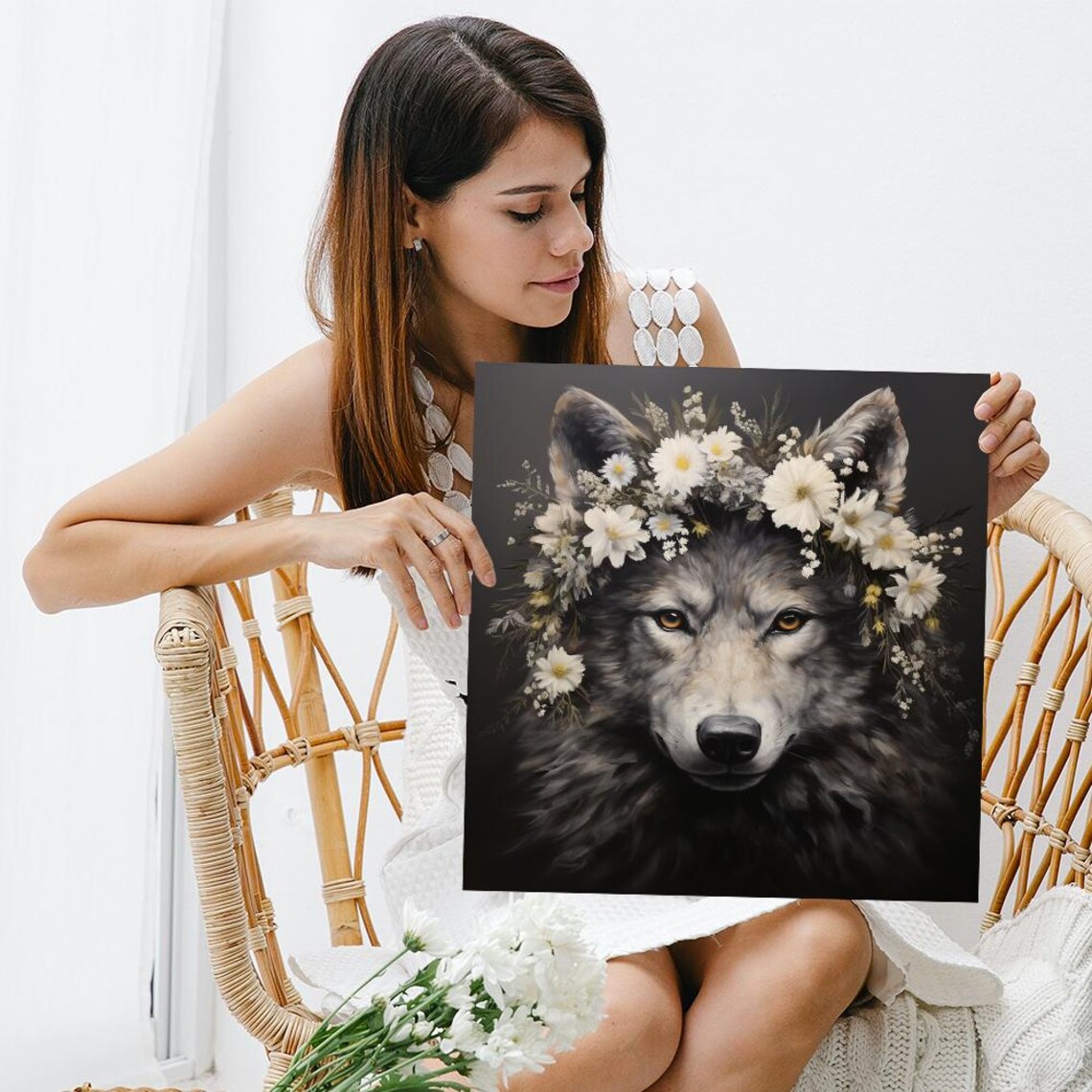 Grey Wolf Wearing Daisy Floral Crown Dark Moody Animal Portrait Poster - Image 3