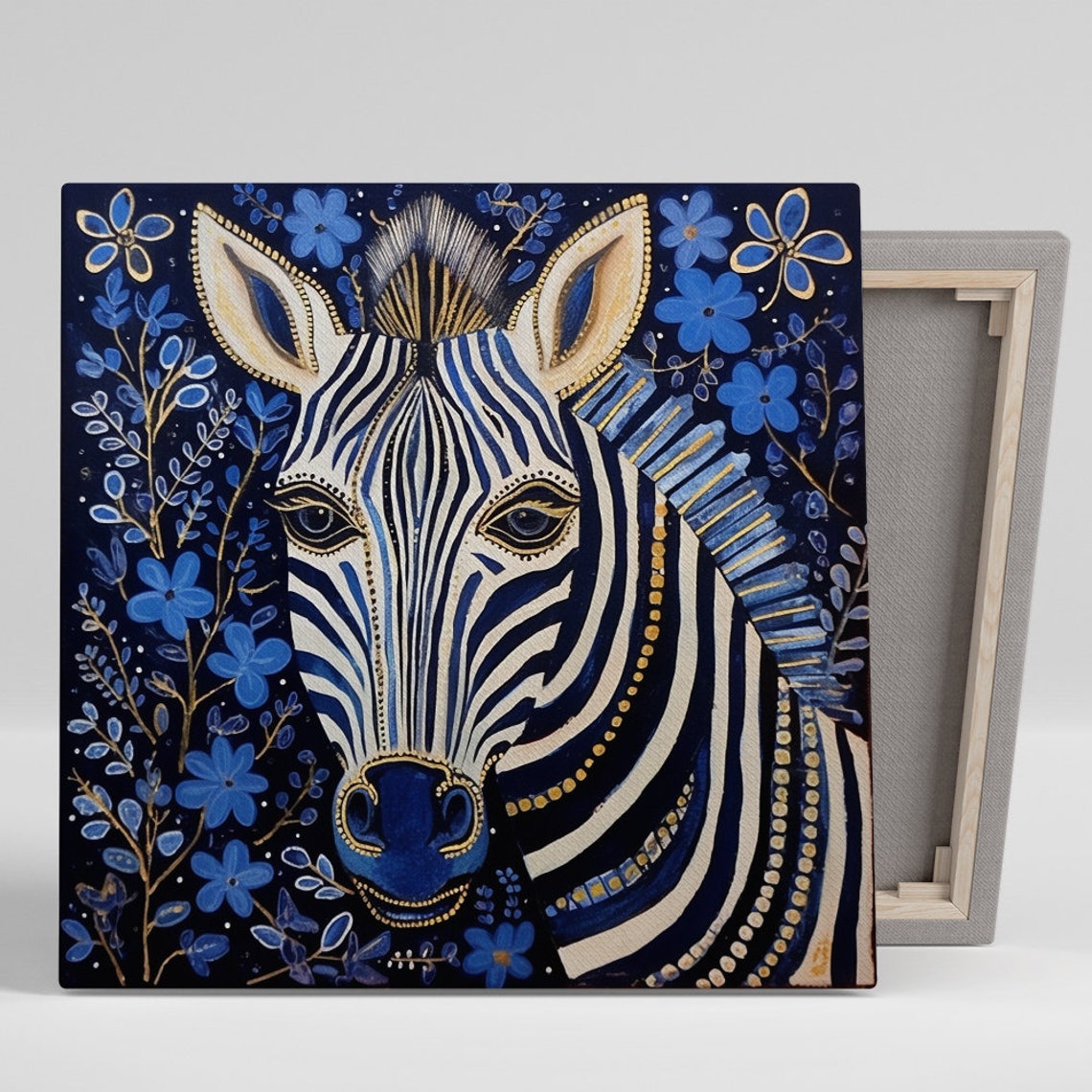 Elegant Zebra Portrait With Blue Flowers Midnight Blue Poster