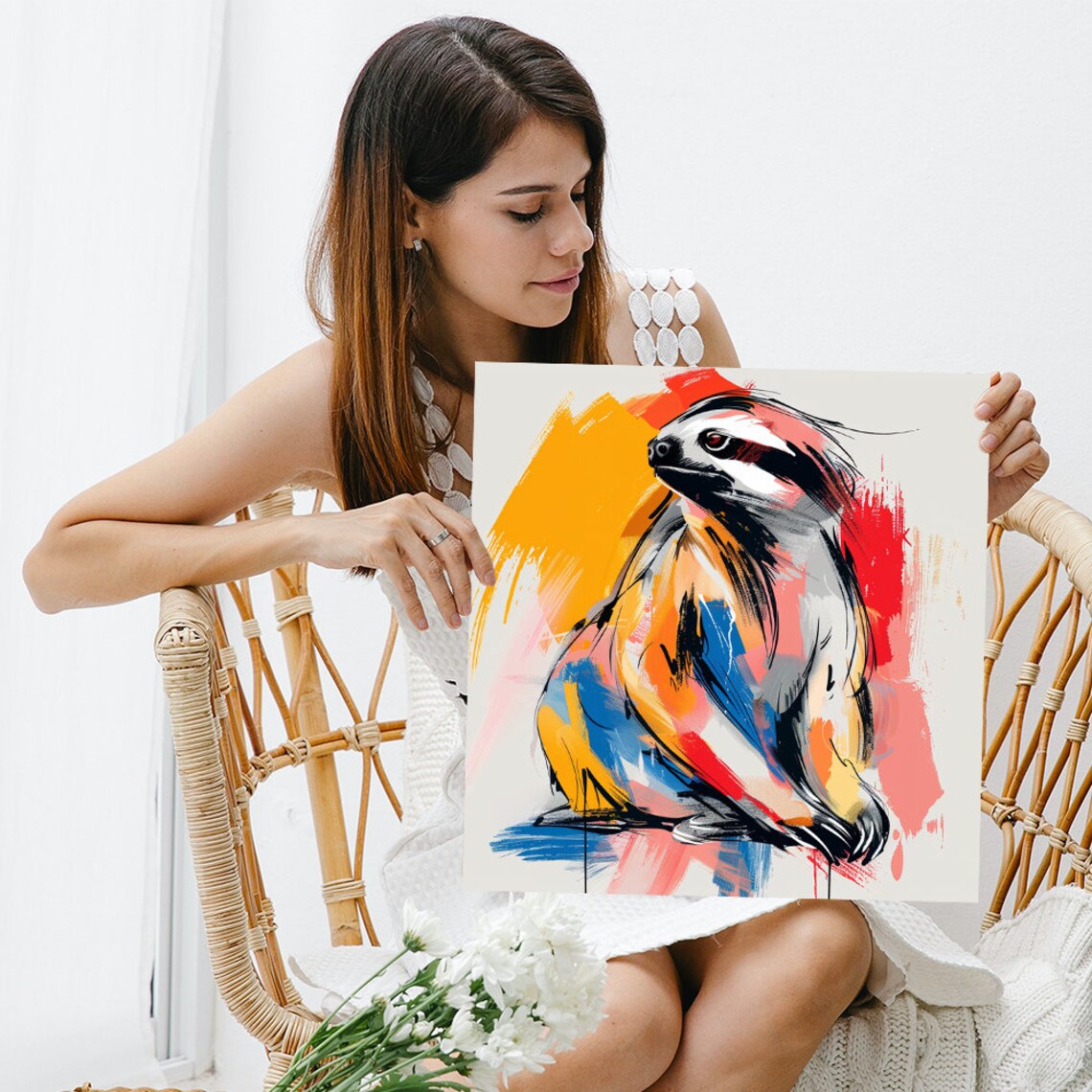 Colorful Abstract Sloth Sitting Brushstroke Modern Animal Wall Art Poster - Image 3