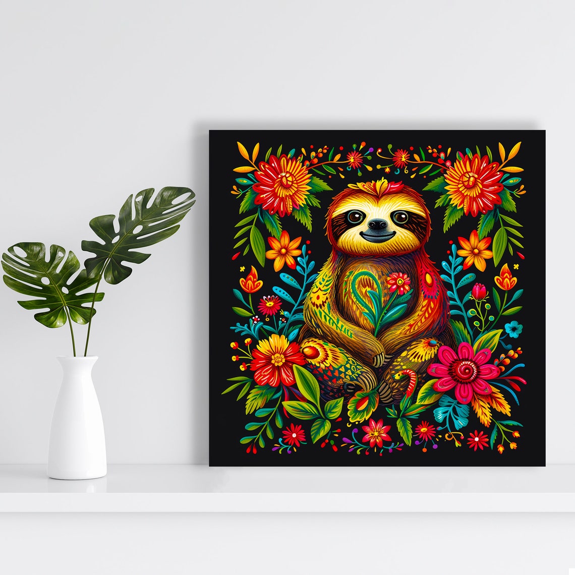 Fiesta Sloth Surrounded By Colorful Mexican Folk Flowers Animal Poster - Image 2