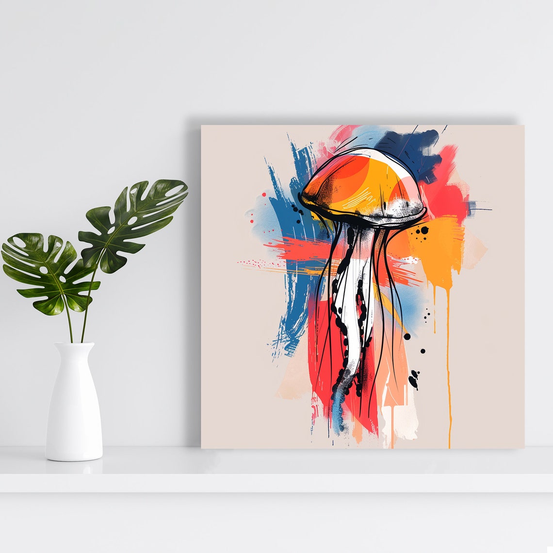 Abstract Jellyfish Ink Sketch Bold Red Blue Orange Brushstroke Poster - Image 2