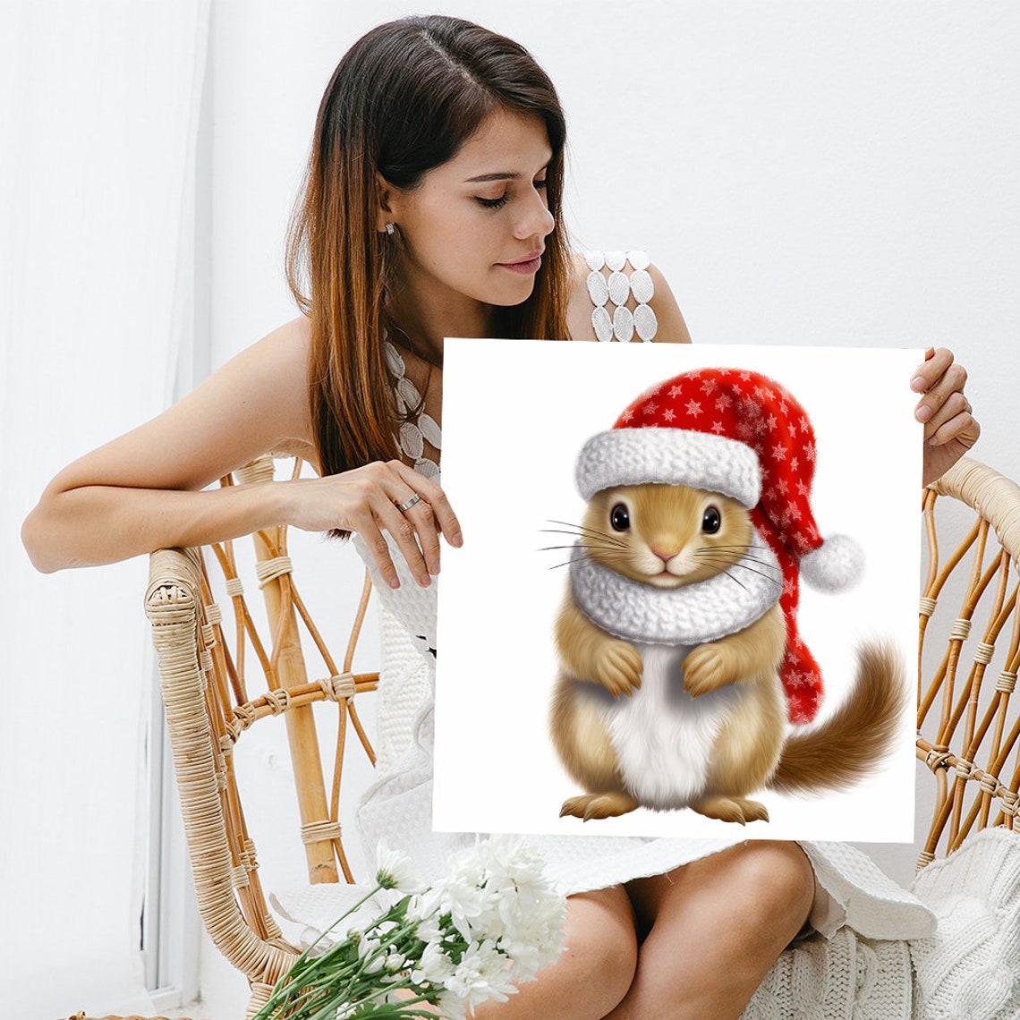 Festive Squirrel in Santa Hat and Scarf Christmas Holiday Wall Poster - Image 3