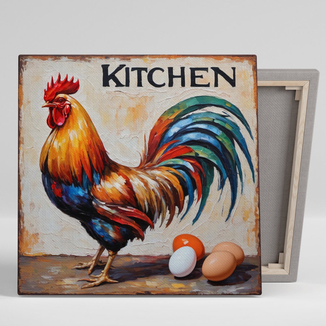 Vibrant Rooster Kitchen Sign with Eggs Rustic Farmhouse Wall Poster