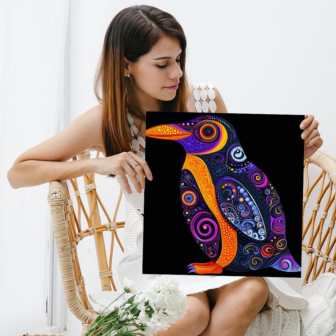 Psychedelic Penguin Dotwork Swirls Black Background Trippy Art Poster - Image 3