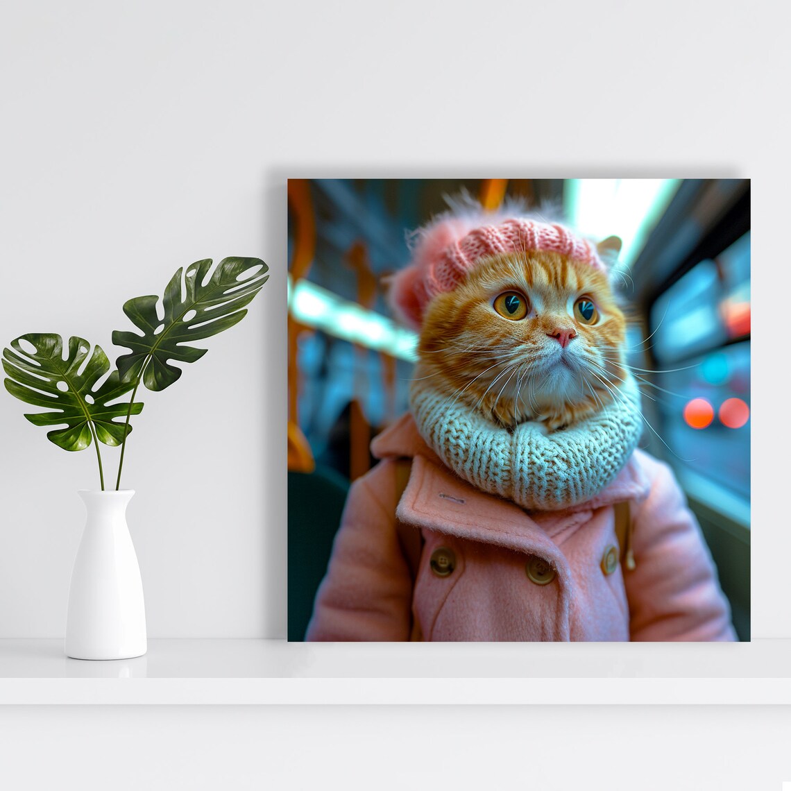 Winter Kitten Pink Coat Knit Hat City Night Cute Fashion Cat Wall Art - Image 2