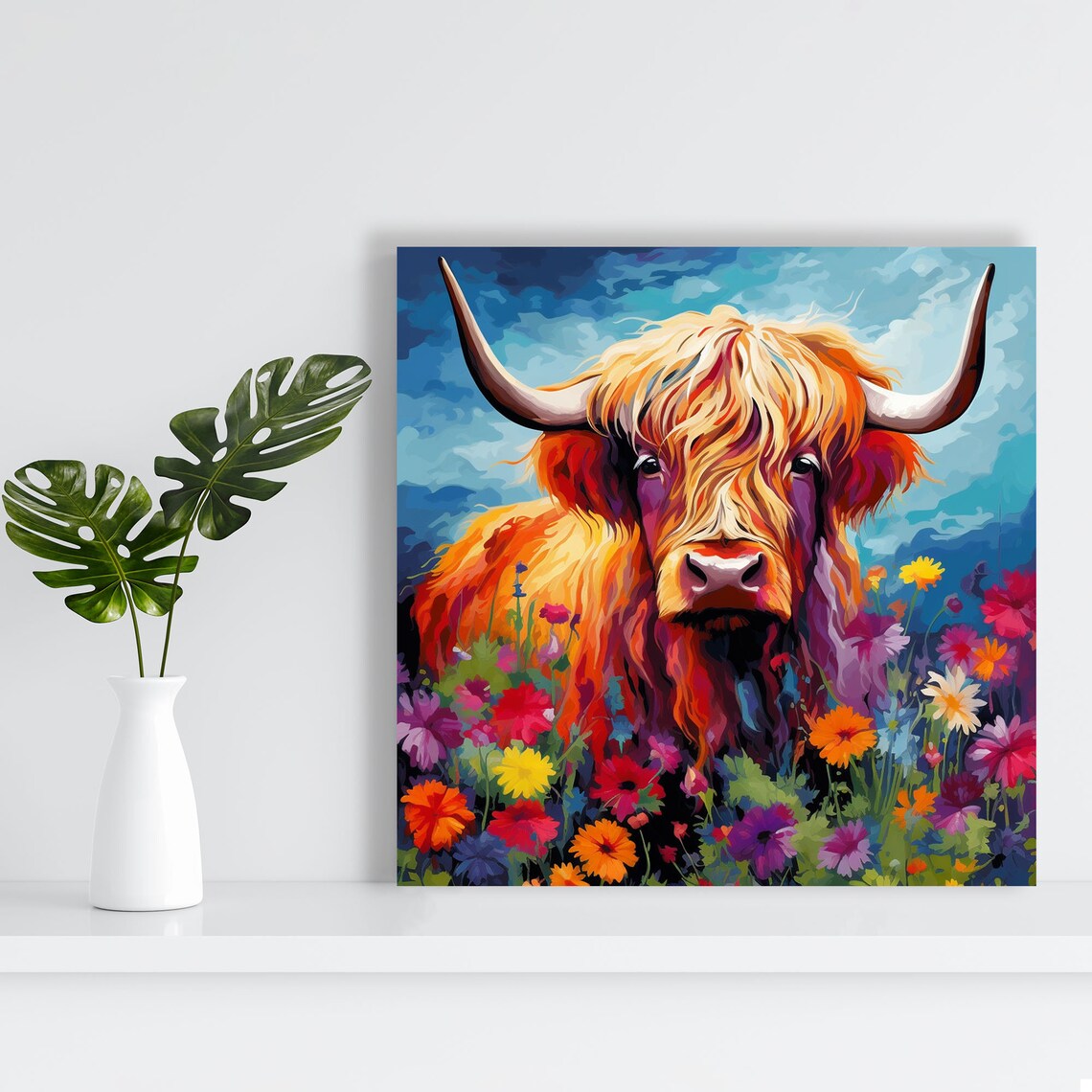 Highland Cow With Flower Art Print, Farm Animal Decor - Image 3