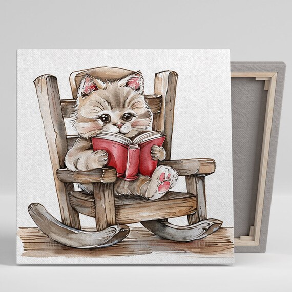 Sweet Kitten Reading Red Book In Rocking Chair Nursery Art Poster