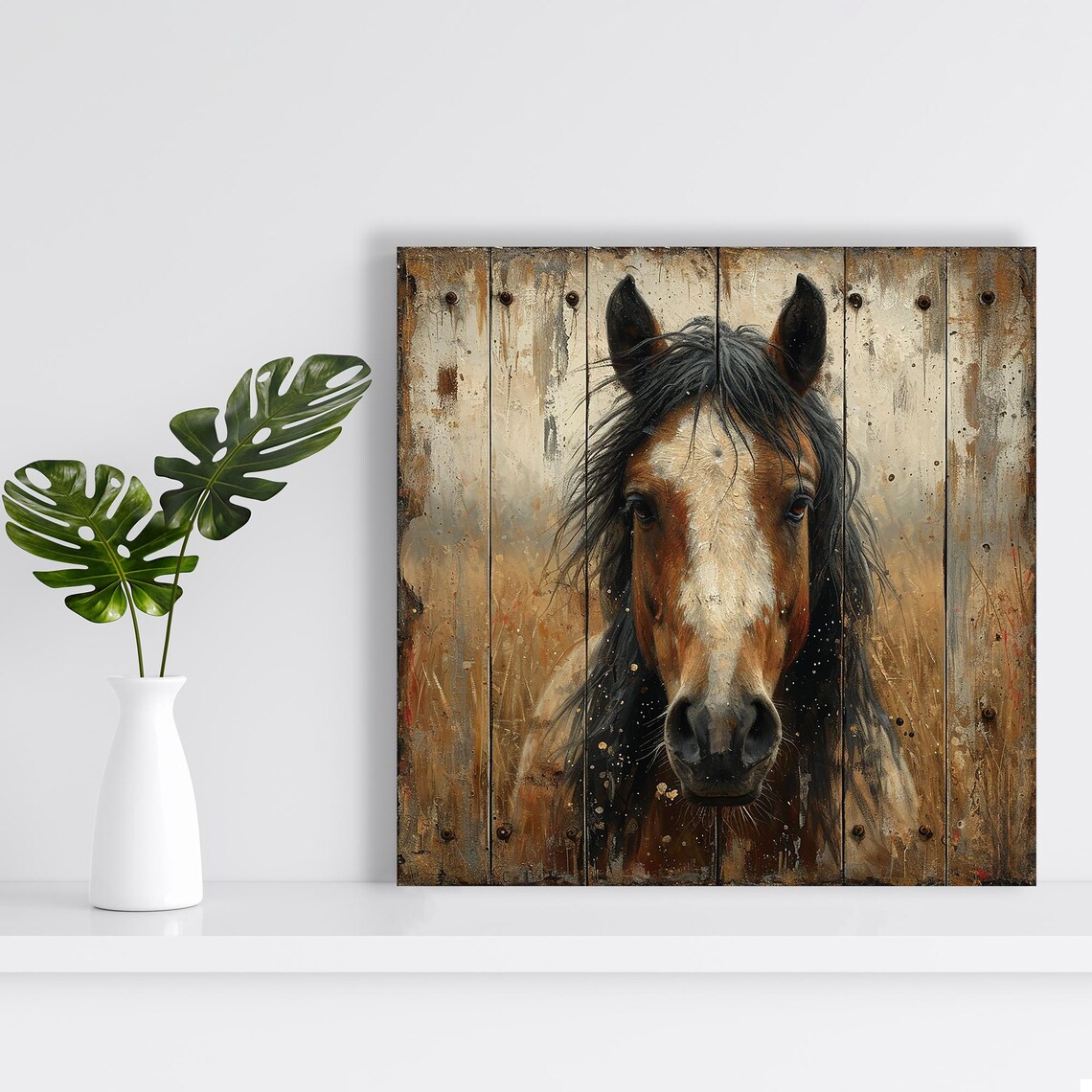 Chestnut Horse Portrait On Rustic Barn Wood Farmhouse Wall Poster - Image 2
