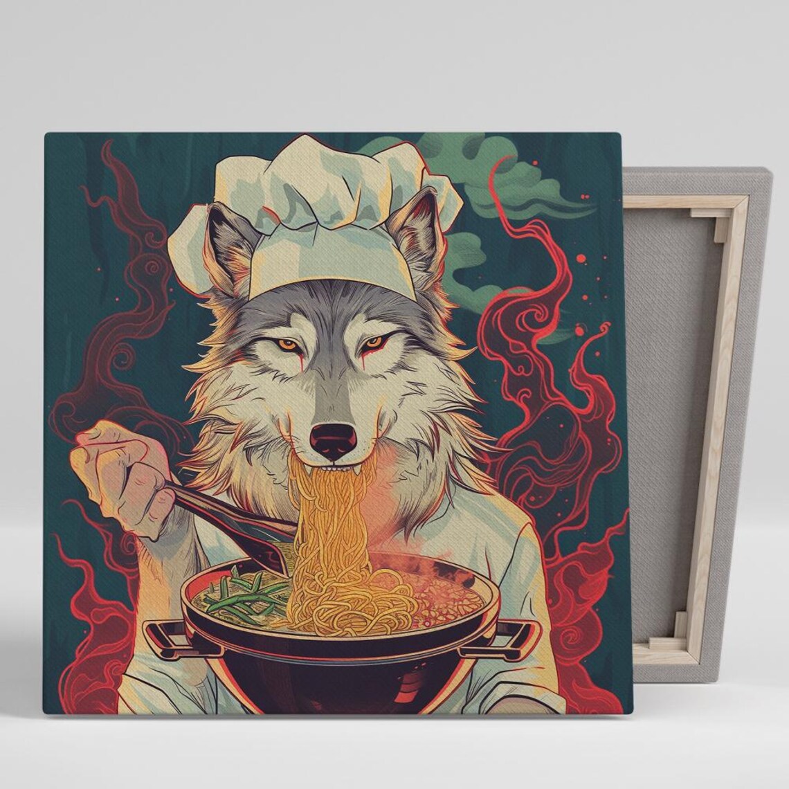 Wolf Chef Eating Ramen Noodle Bowl Whimsical Surreal Funny Kitchen Poster