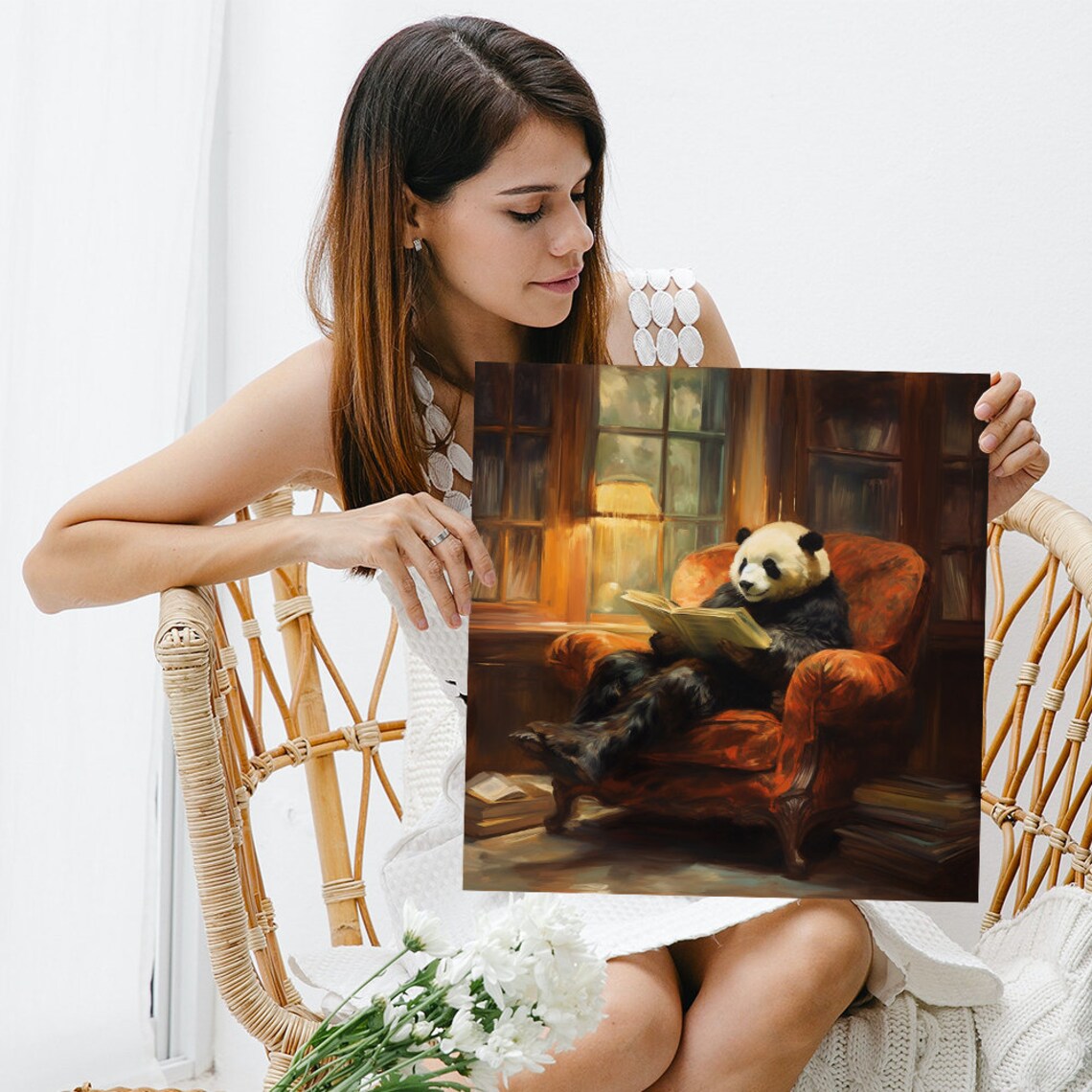 Panda Reading Book Cozy Library Armchair Classic Oil Painting Poster - Image 3