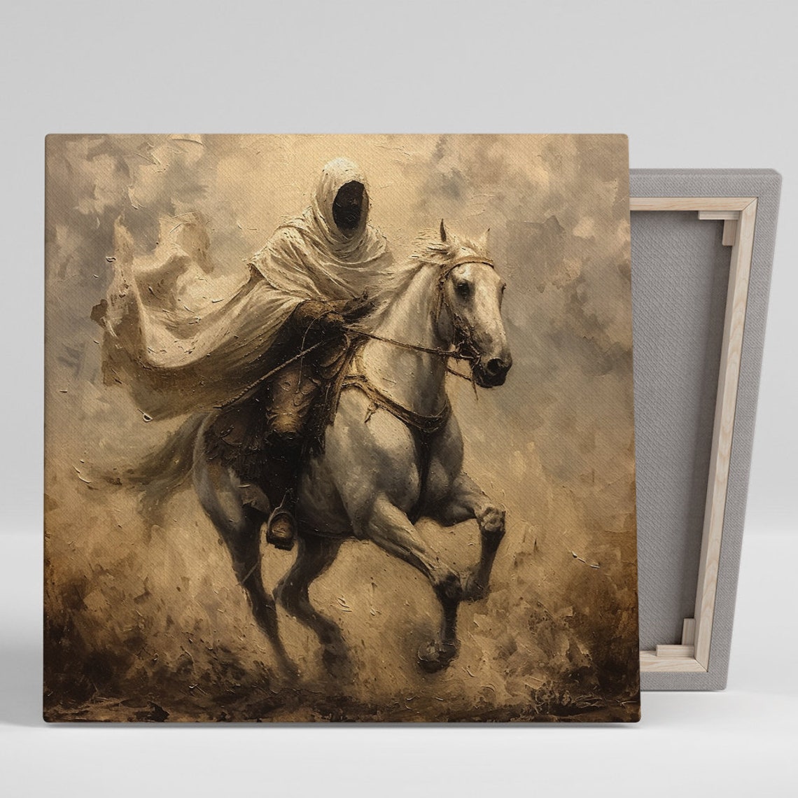 Hooded Rider On Galloping White Horse Sepia Vintage Western Poster